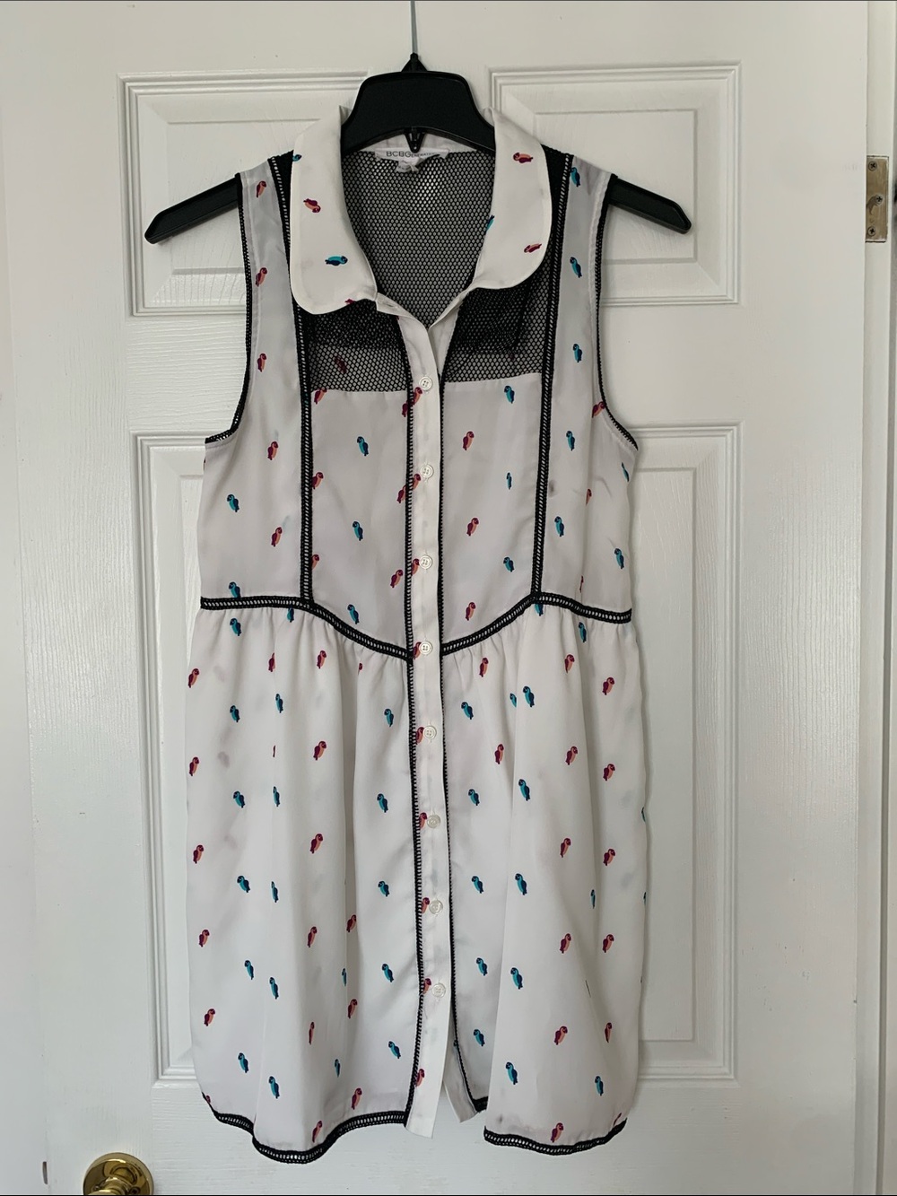 BCBGeneration White Sleeveless Button-Front Dress with Red & Teal Dot Motif